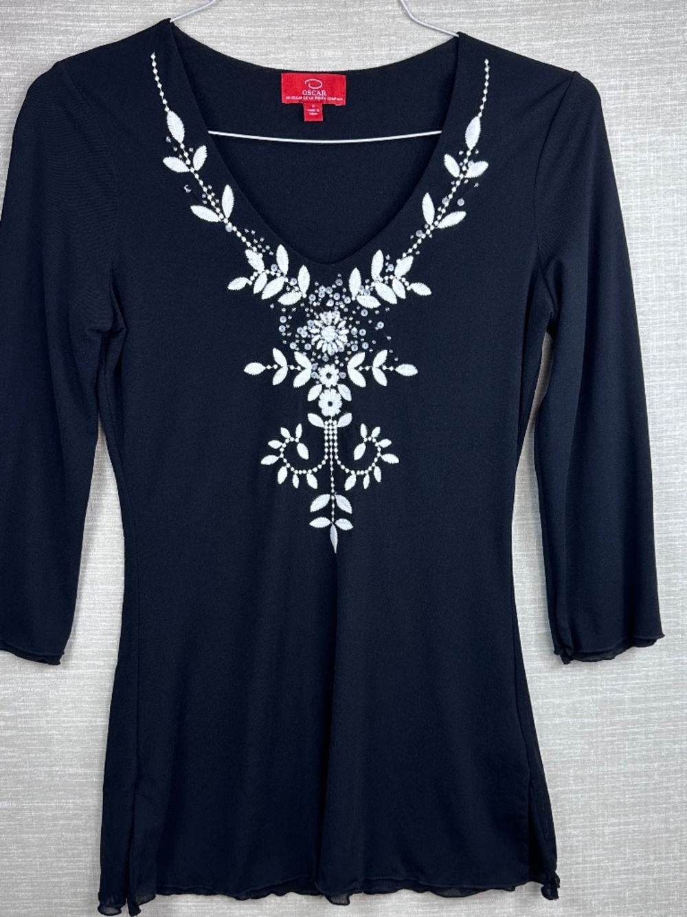 Oscar de la Renta Womens Black Beaded Floral V Neck 3/4 Sleeve Boho Chic S